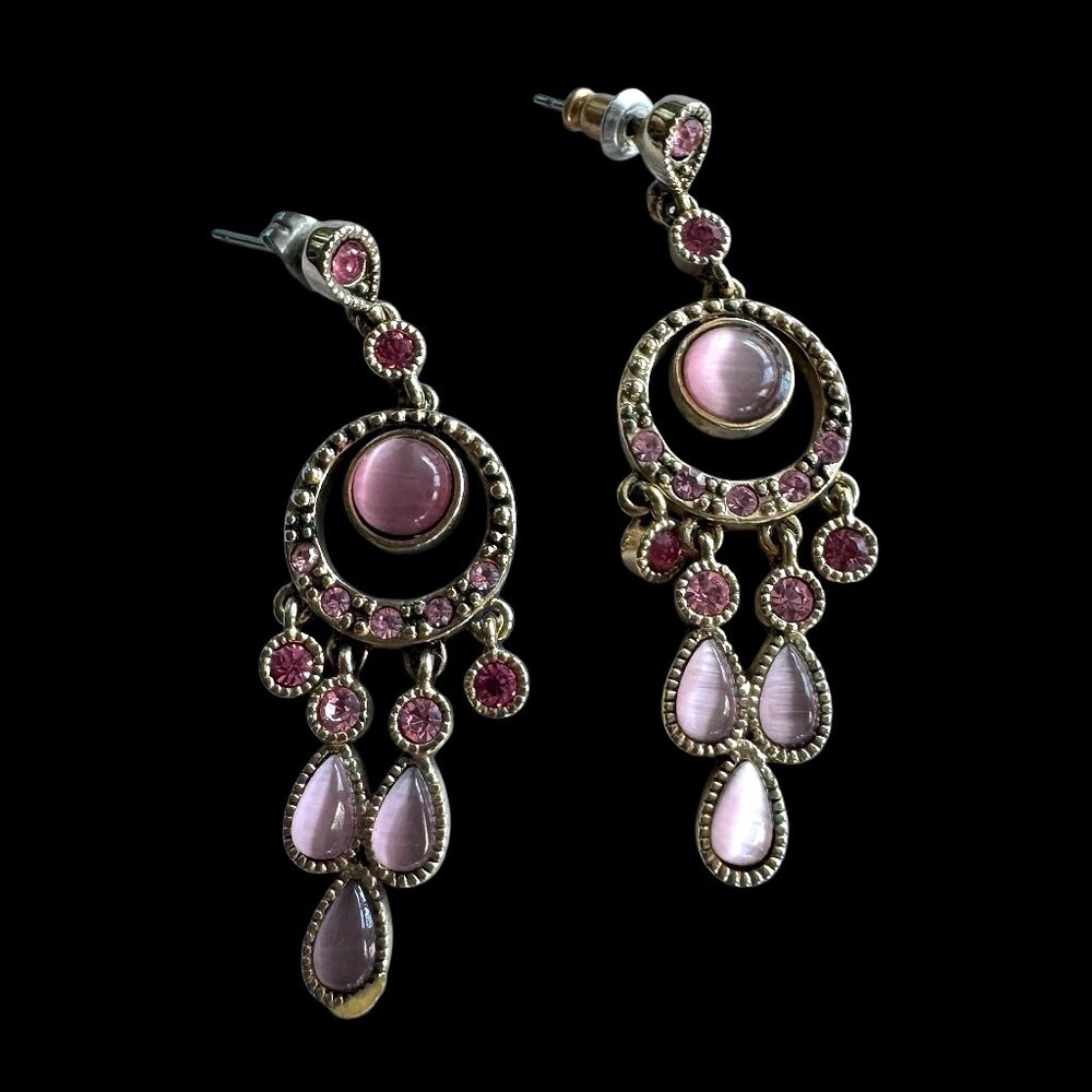 Pierced Earrings Dangling Chandelier Gold Tone Pink Glass Stones *read*